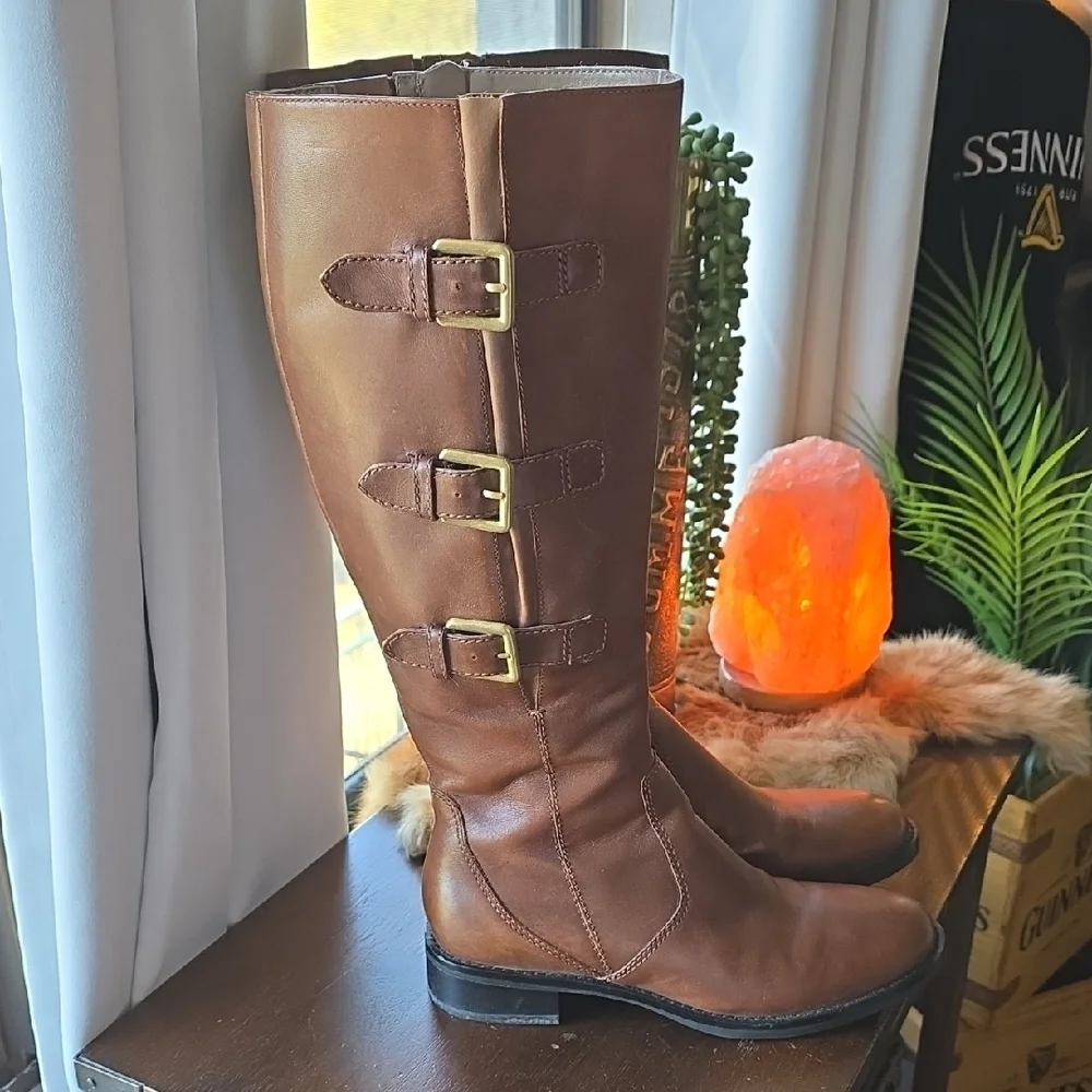Ecco Brown Knee High Leather Moto Boots with Buckles 37